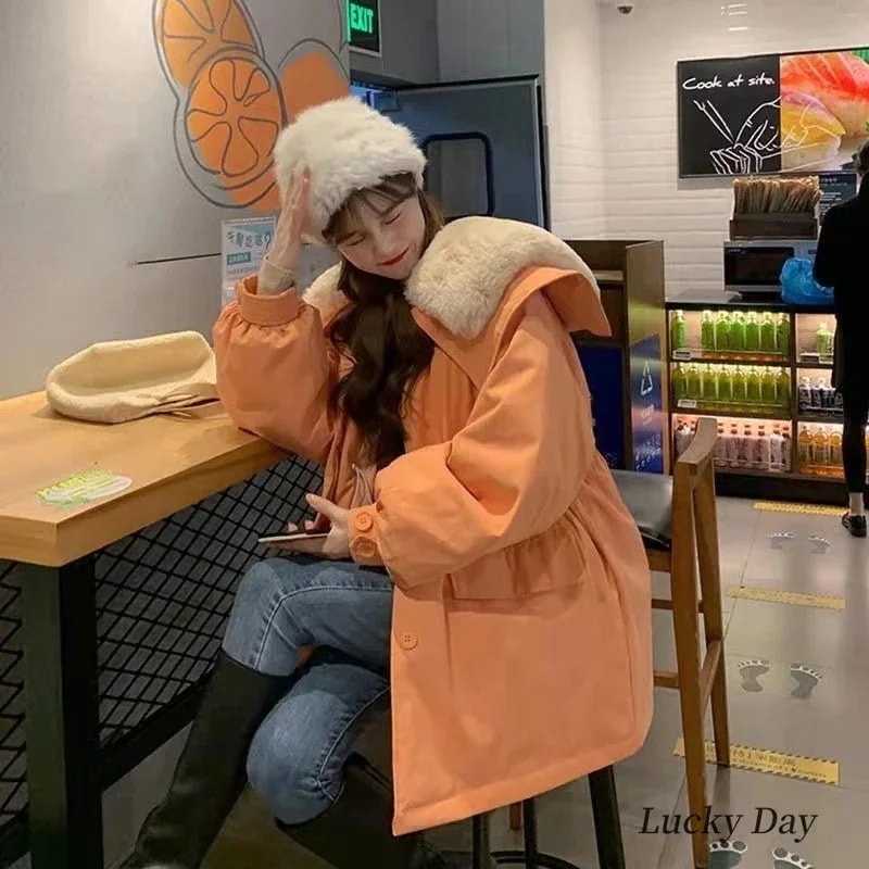 年新型冬韓系加絨加厚派オーバーのゆったり綿入れを克服して保温