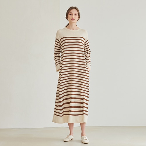 限定SALE!!韓国ファッションポケットのある横縞カシミヤの長いワンピース