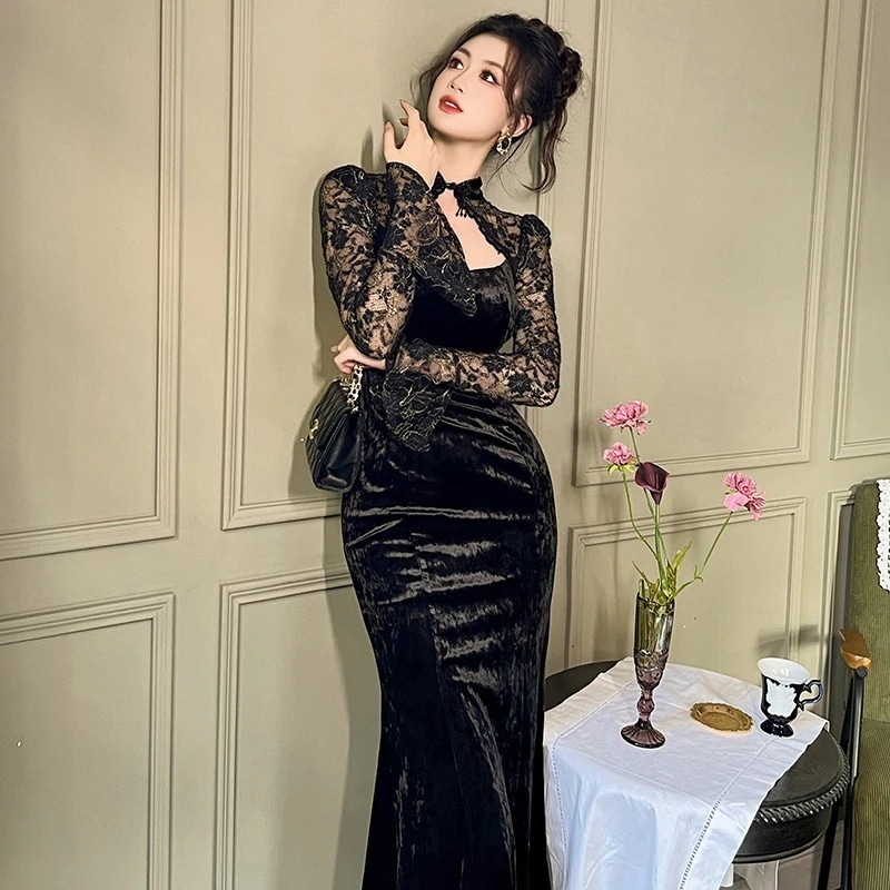 【迅速な出荷】2025秋冬中国風改良チャイナドレス中国風ベルスリーブスリムフィットベルベットロングスカート20961 5,069円