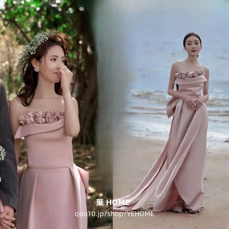 ウェディング レストカラー 立体バラの花 パーティードレス ピンク ハネムーンフォト ガーデンフォト セルフフォト ブライダル 撮影 海外挙式