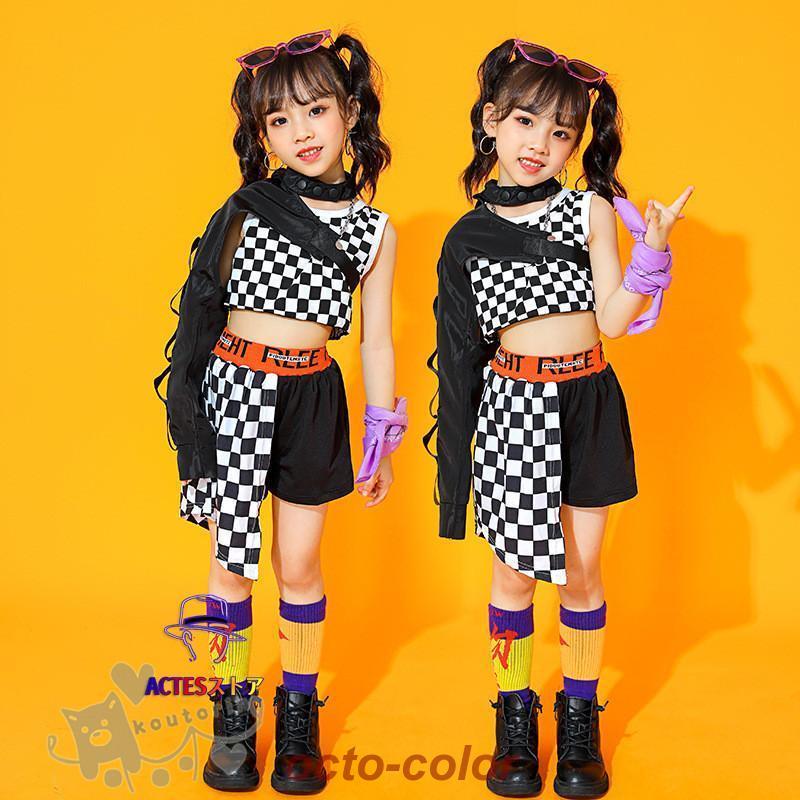 キッズダンス衣装 ヒップホップ HIPHOP 子供服 ワンショルダー へそ出し チェック ワンショルダー へそ出し トップス ショートパンツ JAZZ 女の子 チアガール