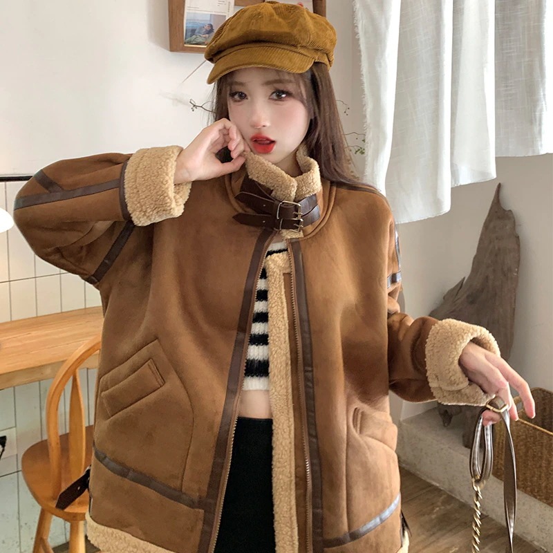 Hot!!!初秋 ファー・毛皮アウター ジャケット ゆったり 厚手 ラムズフリース 韓国ファッション ダブルファスナー 流行り