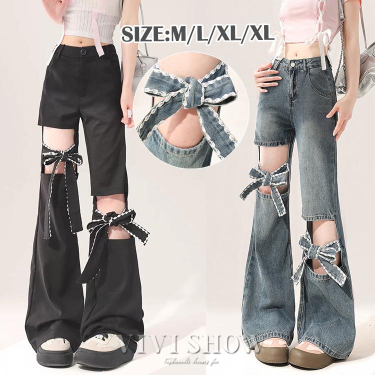 【短納期】レディース パンツ デニム ジーンズ リボン ワイド デニムフレア パンツ