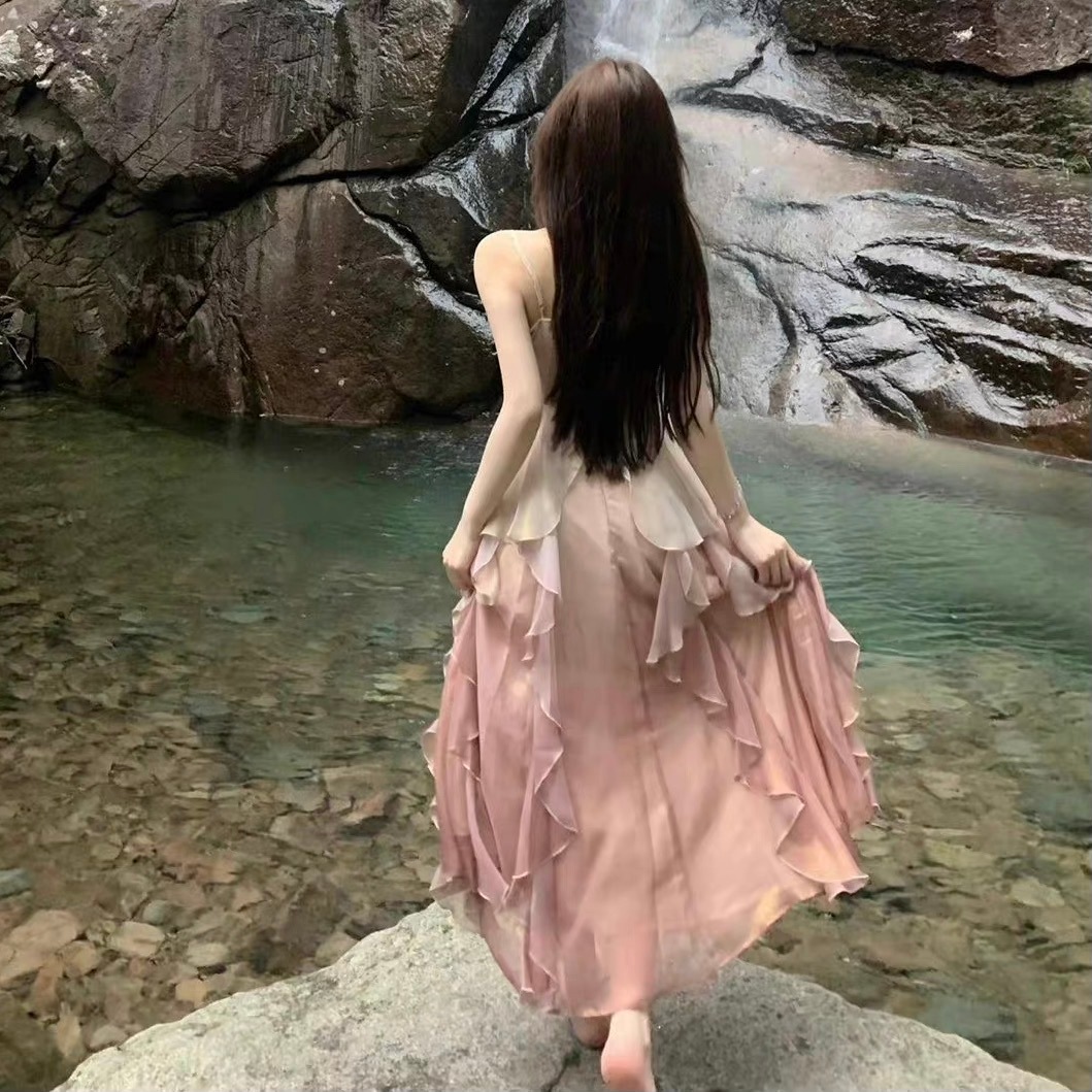 レディース ワンピース ロング 袖なし ノースリーブ Aライン ドッキング 背中開き フェミニン フリル ウエストマーク バックコンシャス ハイウエスト かわいい 大人可愛い おしゃれ レトロ