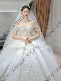 ワンショルダーウェディングドレス2024新型高級感フレンチウェディングドレス-96