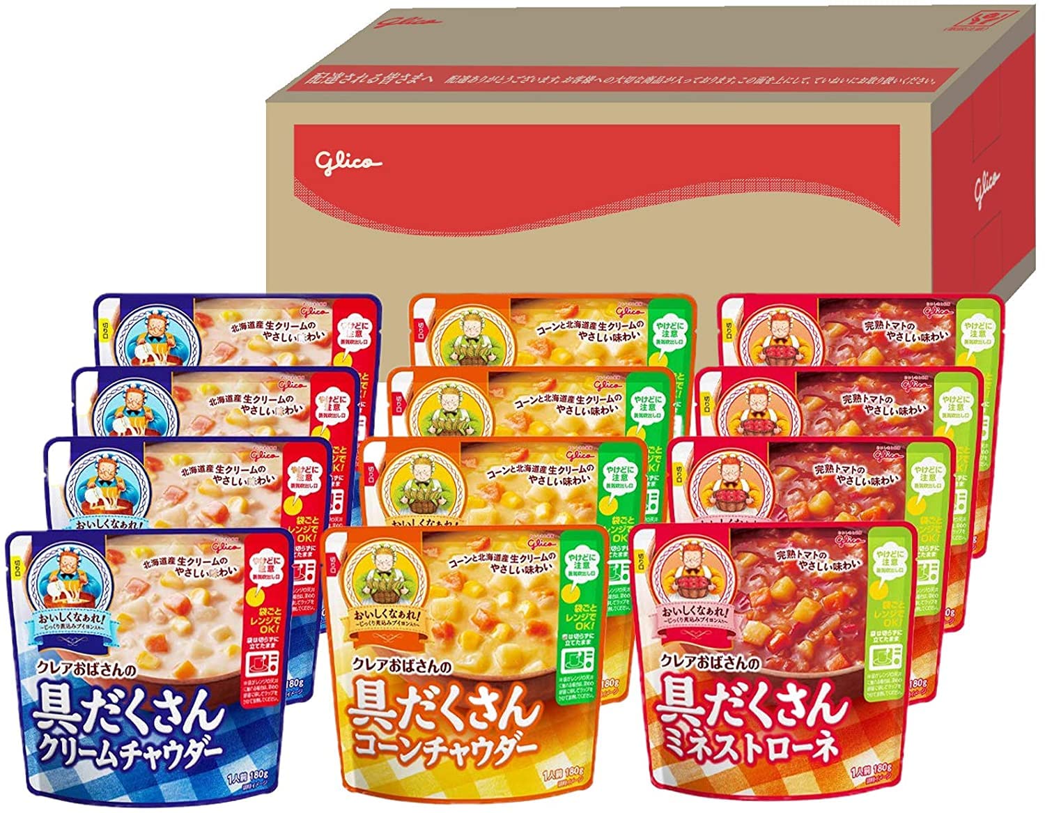 江崎グリコショップ 江崎グリコ クレアおばさんの具だくさんスープセット 12品 （クリームチャウダー・コーンチャウダー・ミネストローネ） グリコボックス