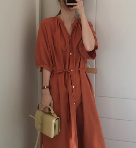 レディース ワンピース シャツワンピ ロング マキシ 7分袖 Vネック フレア バルーン ウエストマーク ウエストリボン ボタン 薄手 かわいい 大人可愛い 上品 おしゃれ かっこいい こなれ感 ラフ