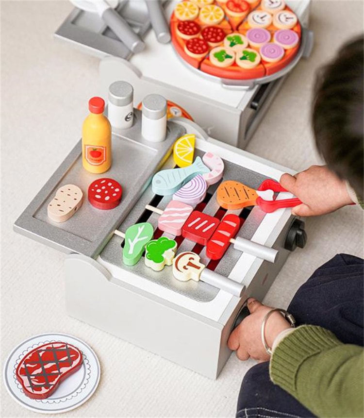 早い者勝ち 木製キッチンおもちゃ 本格ピザオーブン＆BBQセット ごっこ遊びで創造力UP！知育玩具 親子コミュニケーション 安全設計 4歳
