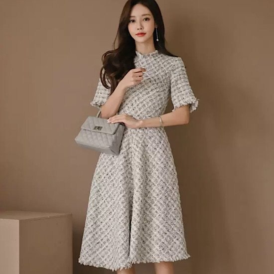 【取寄：納期2週間】結婚式ドレス ツイードドレス ミモレ丈 切りっぱなし キュート発表会 演奏会 レディース 結婚式 ステージ衣装 半袖 ロング丈 エレガント ウエディングドレス カラードレス