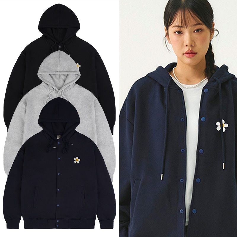 [UNISEX] Flower Dot Embroidery Snap Hooded Jacket_3color