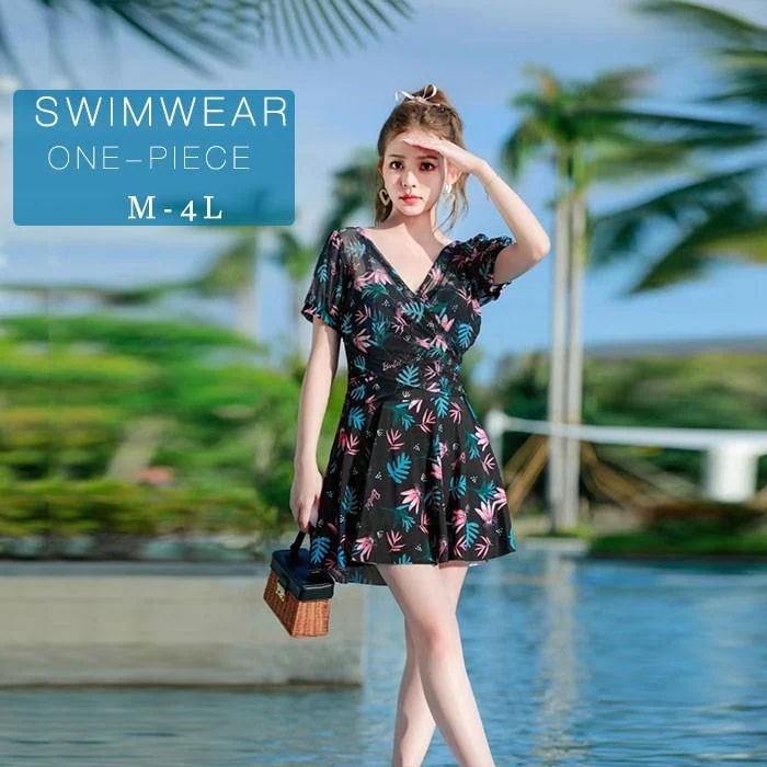水着 レディース ワンピース 体型カバー フレアスカート風 花柄 大きいサイズ M4L フィットネス風 ラッシュガード風 半袖 大人可愛い スイムウェア 5,209円