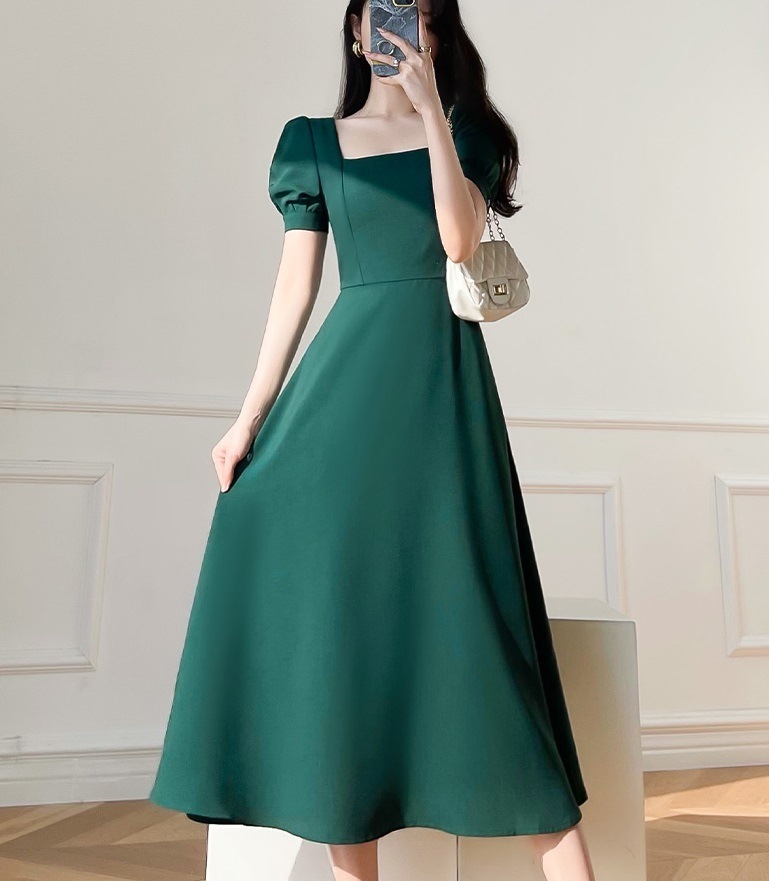 ワンピース レディース 袖あり 半袖 パフスリーブ かわいい 大人可愛い きれいめ シンプル 大人 グリーン 緑 細身 ドレス パーティー お呼ばれ 上品 おしゃれ お洒落 結婚式 二次会 大人可愛い