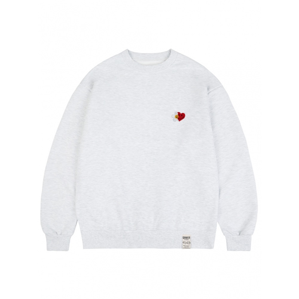 GRAVER フラワーハートハーフスマイルエンブロイダリースウェットシャツメランジホワイト