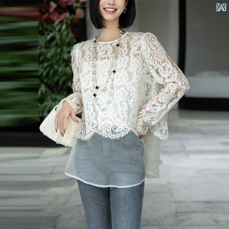 レディース　シャツ　レース 2025 春夏 100 % シルクオーガンザ スプライシング ウエスタン レース トップ マルベリー シルク シャツ