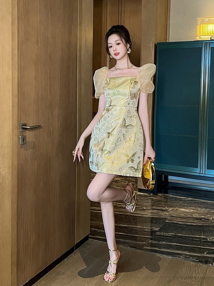 夏 レトロ ショートワンピ 刺繍 スクエア襟 ドレス パーティー キャバ 大人 同窓会 披露宴 卒業式 結婚式 演奏会 ウェディング 二次会