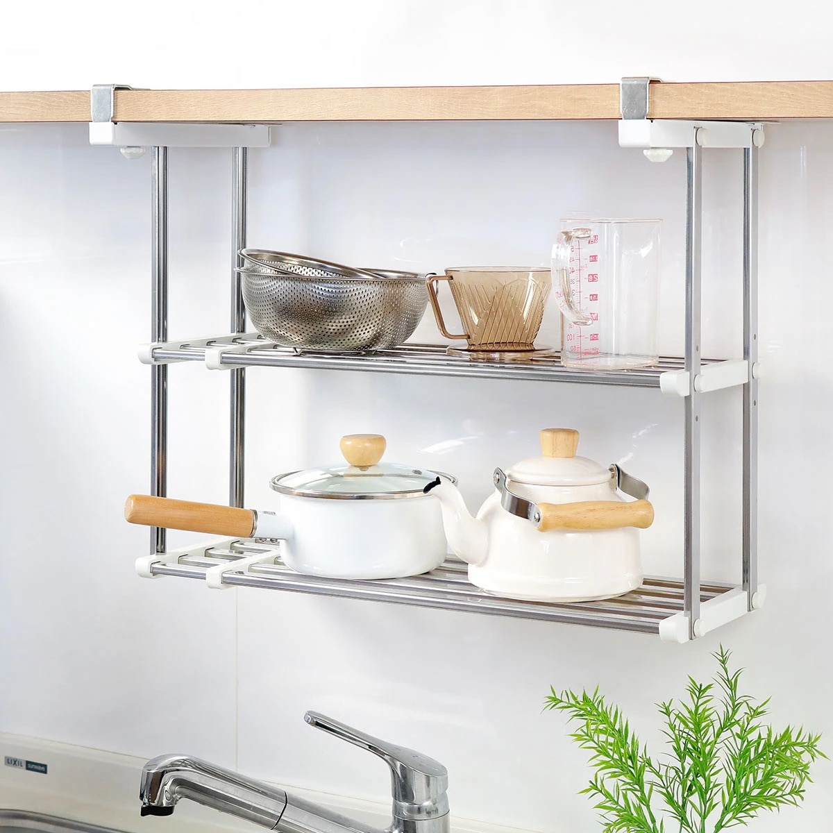 吊戸棚下収納 吊り戸下収納 伸縮式 幅55ー95cm 2段 ステンレス 組立式 吊り戸棚下収納 戸棚下収納 キッチン収納 つっぱり キッチン 突っ張り棚 収納 収納棚 伸縮 伸縮タイプ