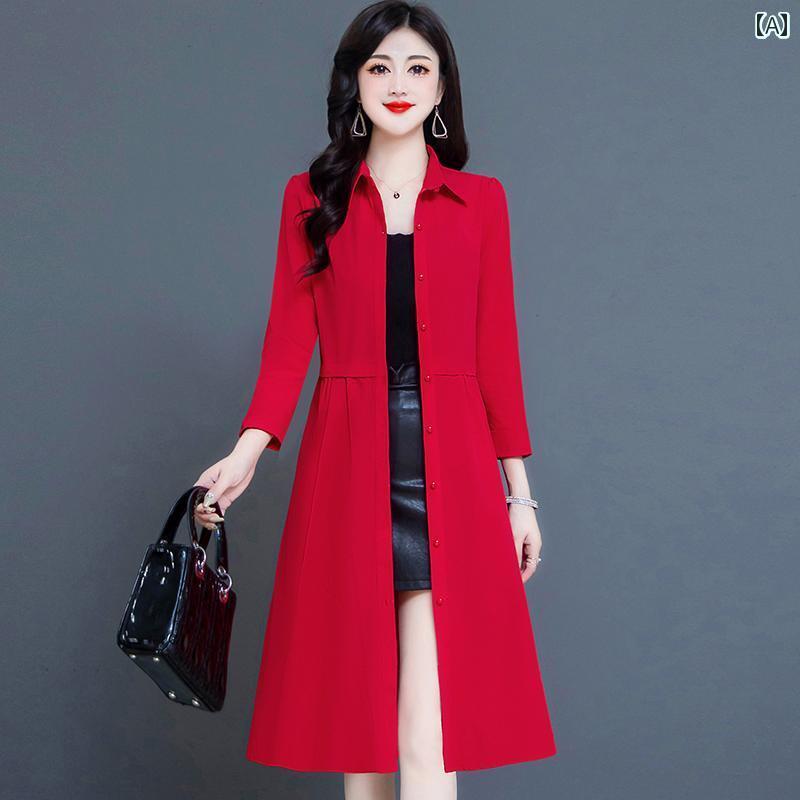 レディース 軽量 トレンチコート ミドル丈 秋 ドレス 女性 ママ エレガント スタイリッシュ 赤い コート