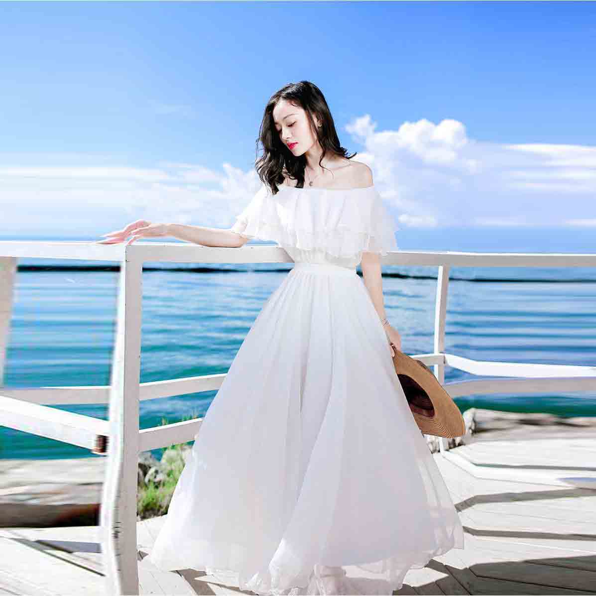 【夏セール！】リゾートワンピ オフショルダー 半袖 ロングワンピース ホワイト 夏ワンピース 大きいサイズ 2Ways シフォン リゾートワンピース ビーチ オシャレ 大人 可愛い ロング丈
