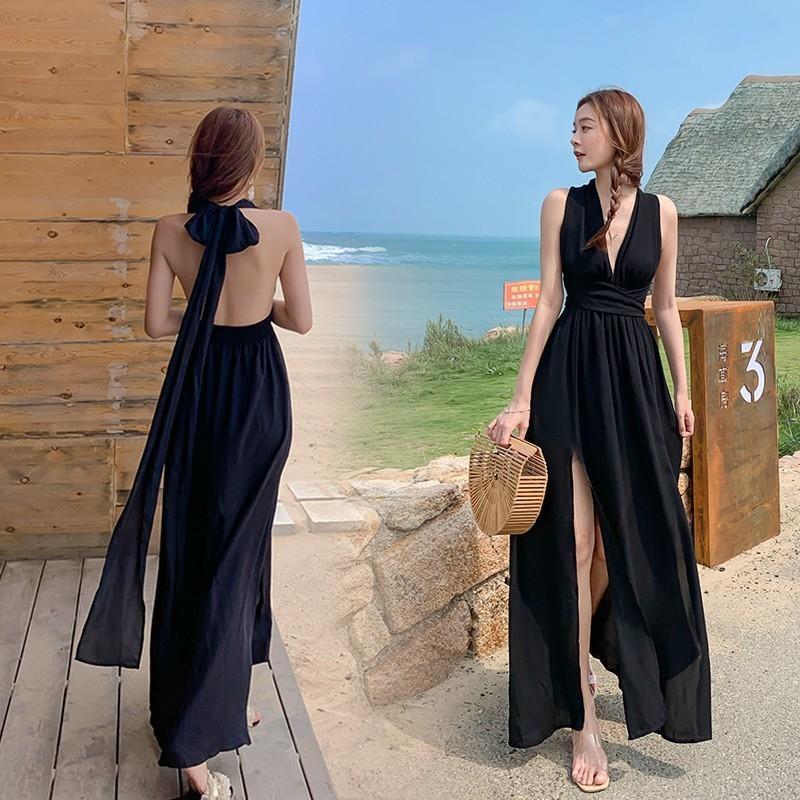 マキシワンピース ロング丈 リゾートドレス レディース スリット Vネック 背中開き ホルターネック 夏 女性 ビーチドレス 5,278円