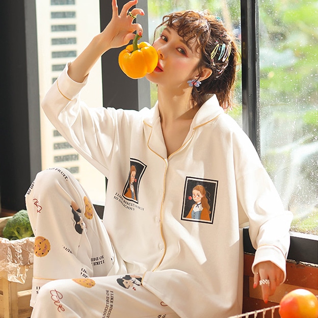 パジャマ 部屋着 寝巻き ナイトウェア 長袖 襟付き ベーシック ポケット 前開き ウエストゴム 綿 上下セット かわいい 大人可愛い シンプル カジュアル 大人女子 ラフ キュート ガーリー