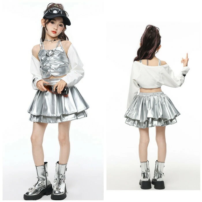 新アップグレード新品ダンス衣装 シルバー スパンコール キャミソール キッズ セットアップ 舞台 団体服 演出服 ヒップホップ 女の子 トップス スカート かわいい Hiphop kpop チアダンス