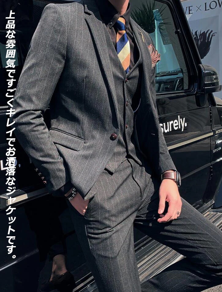 上品 3色 ストライプスーツ メンズスーツ 6点セットスーツ ボタン1つ 縞々柄 ビジネススーツ ジャケット＋シャツ+ベスト＋ズボン+ネクタイ+蝶ネクタイ（ランダム発送）フ ォーマルスーツ カ 10,277円