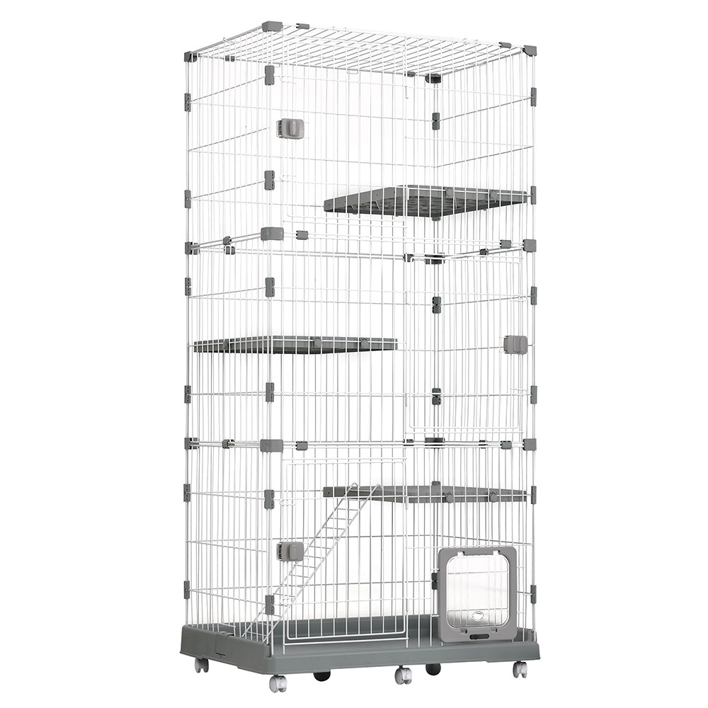 猫 ケージ 収納型 キャットケージ 3段 1段2段可能 キャスター付 キャットハウス 【グレー】