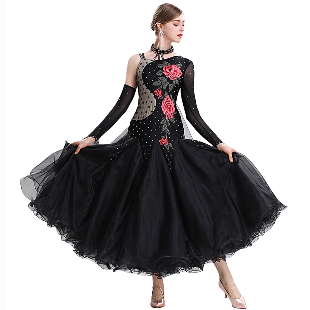 社交ダンス モダンドレス ワンピースドレス 大きい裾 豪華 演出服 花柄 スタンダードドレス キラキラビジュー付き インターナショナルダンス 競技会 ワルツ服 練習着 競技用 ステージ衣装 パーティー