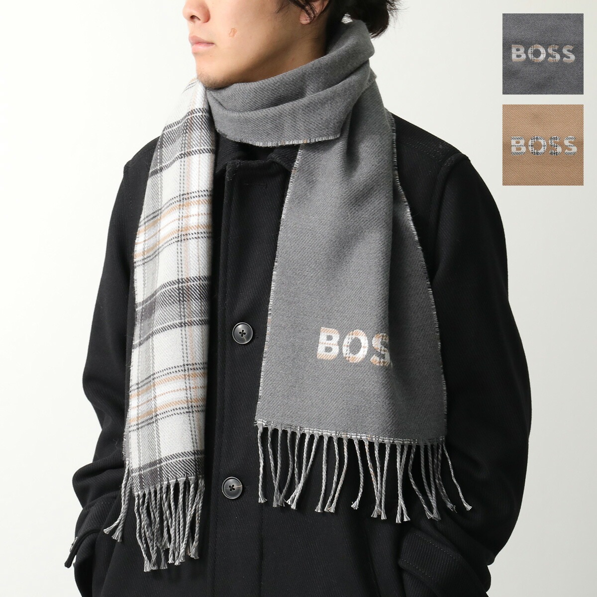HUGO BOSS ヒューゴボス マフラー Alistar 26 190 アリスター 50551650 メンズ 無地×チェック柄 ロゴ ウールブレンド フリンジ カラー2色