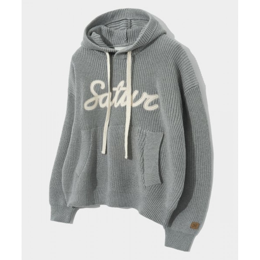 SATUR アップリケロゴカシミア混紡フード付きニットメランジグレー
