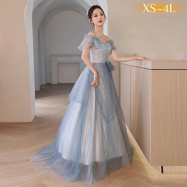 ドレス 大人 ピアノ 発表会 ロング 演奏会 結婚式 ワンピース 水色 半袖 パーティードレス イブニングドレス プリンセスドレス