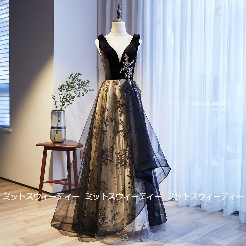 カラードレス ロングドレス アシンメトリー 演奏会用ドレス Aライン 発表会 パーティドレス チュールドレス 二次会 舞台衣装 ステージドレス ノースリーブ 黒 8,605円