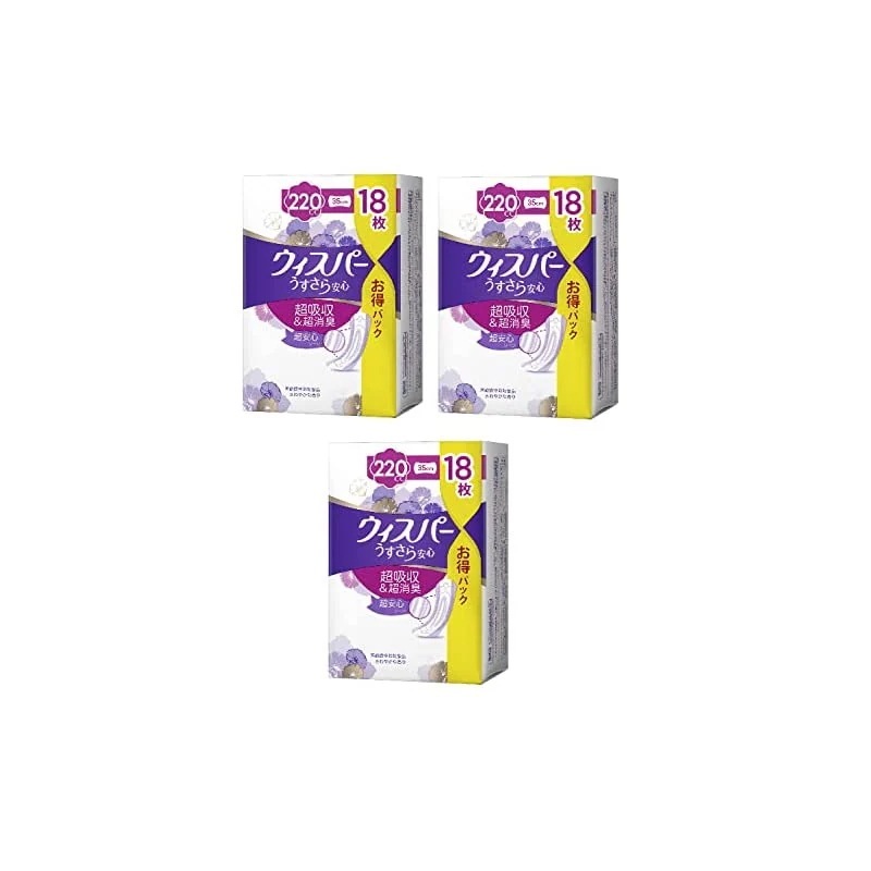 即納まとめ買いウィスパー うすさら安心 女性用 吸水ケア 220cc 特に多い時も1枚で安心 ナプキン型尿ケアパッド 18枚入り 35cm 大容量パック(多い量の尿モレ用)3個