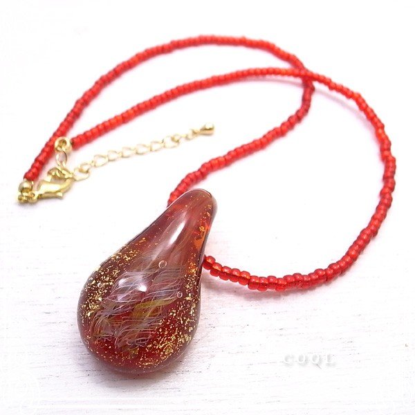 金箔とレースガラス トンボ玉 ネックレス ビーズチェーン アクセサリー 作家 ハンドメイド //ガラスアート COOL