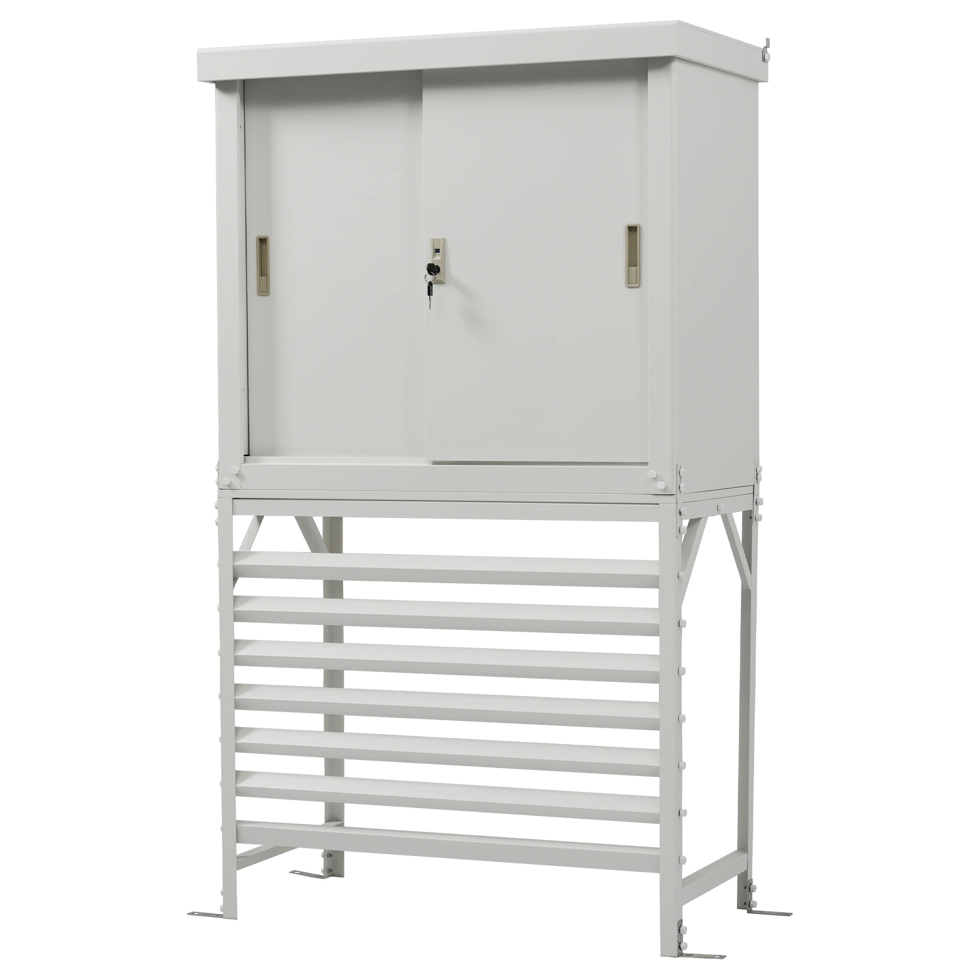 1989エアコン室外機カバー 収納庫 収納庫は分けて使える＆セットでも使用可能な2-in-1 防錆・防風・防盗に強い！ 鍵付き 日よけ 棚 収納 室外機カバー ワイド 目隠し ベランダ 庭 屋外 雪