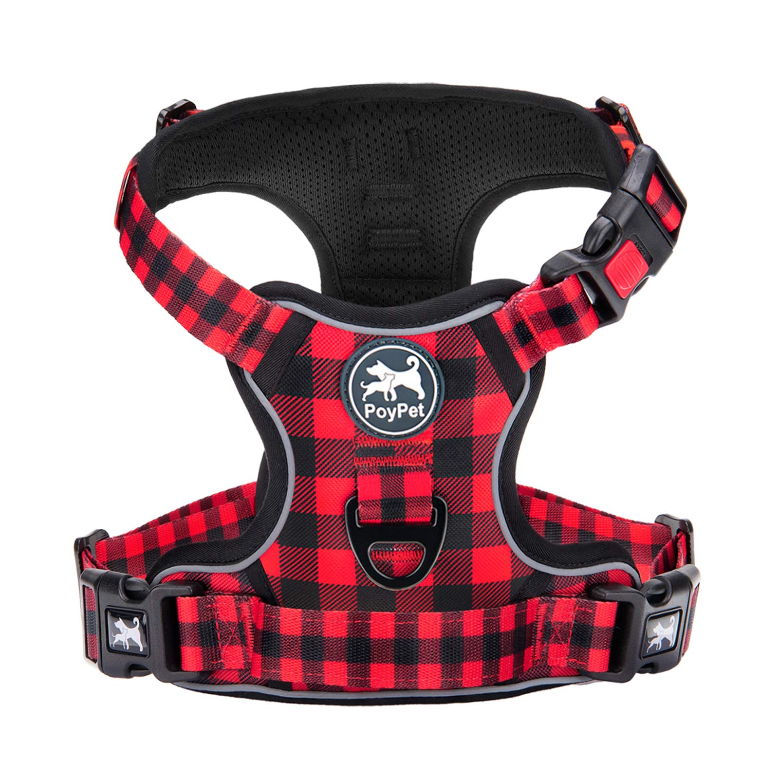 PoyPetプルドッグハーネスなし首のチョークフロントリードドッグ反射ハーネスなし小型から大型犬用の簡単なコントロールハンドル付きの調整可能なソフトパッド入りペットベスト(赤と黒のグリッドL)