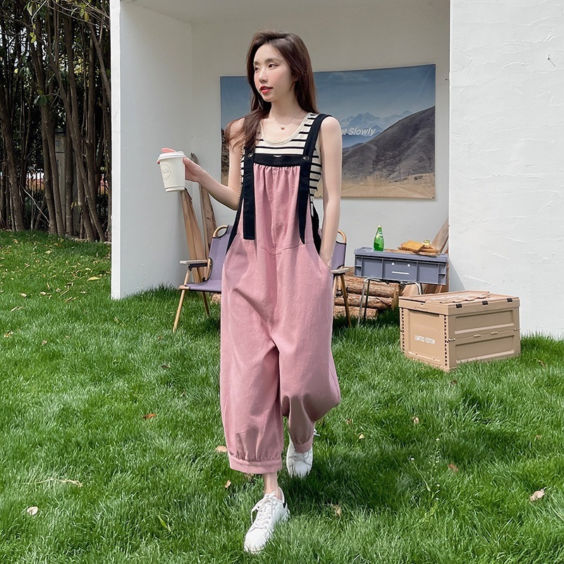 夏の薄手のゆったりとした若く見えるハイウエストワイドパンツ 吊りズボン