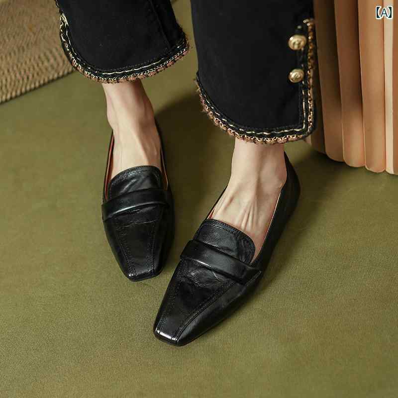 ローファー レディース オフィス 通勤 仕事 女性用最上層 牛革 フラットソール スクエアトゥ 春秋 スリッポン 革靴 深口 シングル シューズ