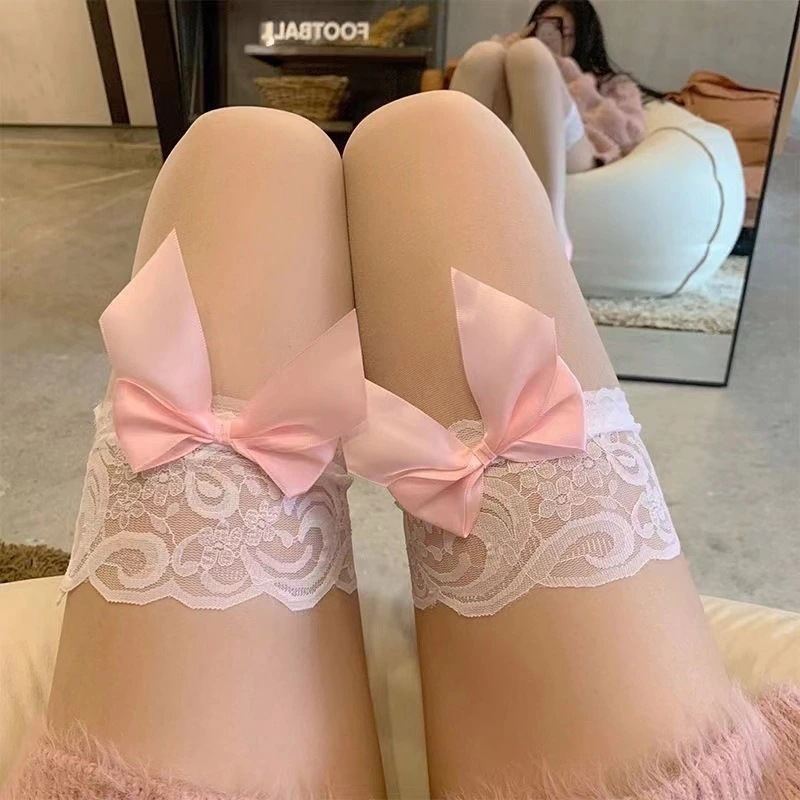 【1つ買うと10つ無料】春と夏のセクシーな弓と皮膚透過的な黒いストッキング膝の上の薄い純粋なレースレース