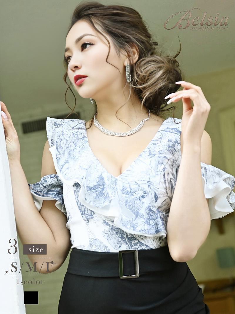 キャバドレス ミニ キャバドレス ナイトドレス ミニドレス 花柄 オフショルダー アシンメトリー フリル レース 華やか 上品 Belsia
