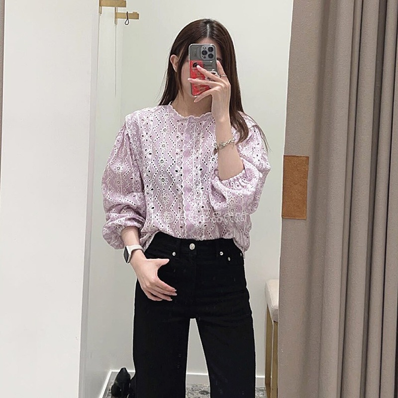 【速達!】南油婦人服M家宮廷風泡袖丸首透かし彫り刺繍綿花卉ゆったりシャツ上着