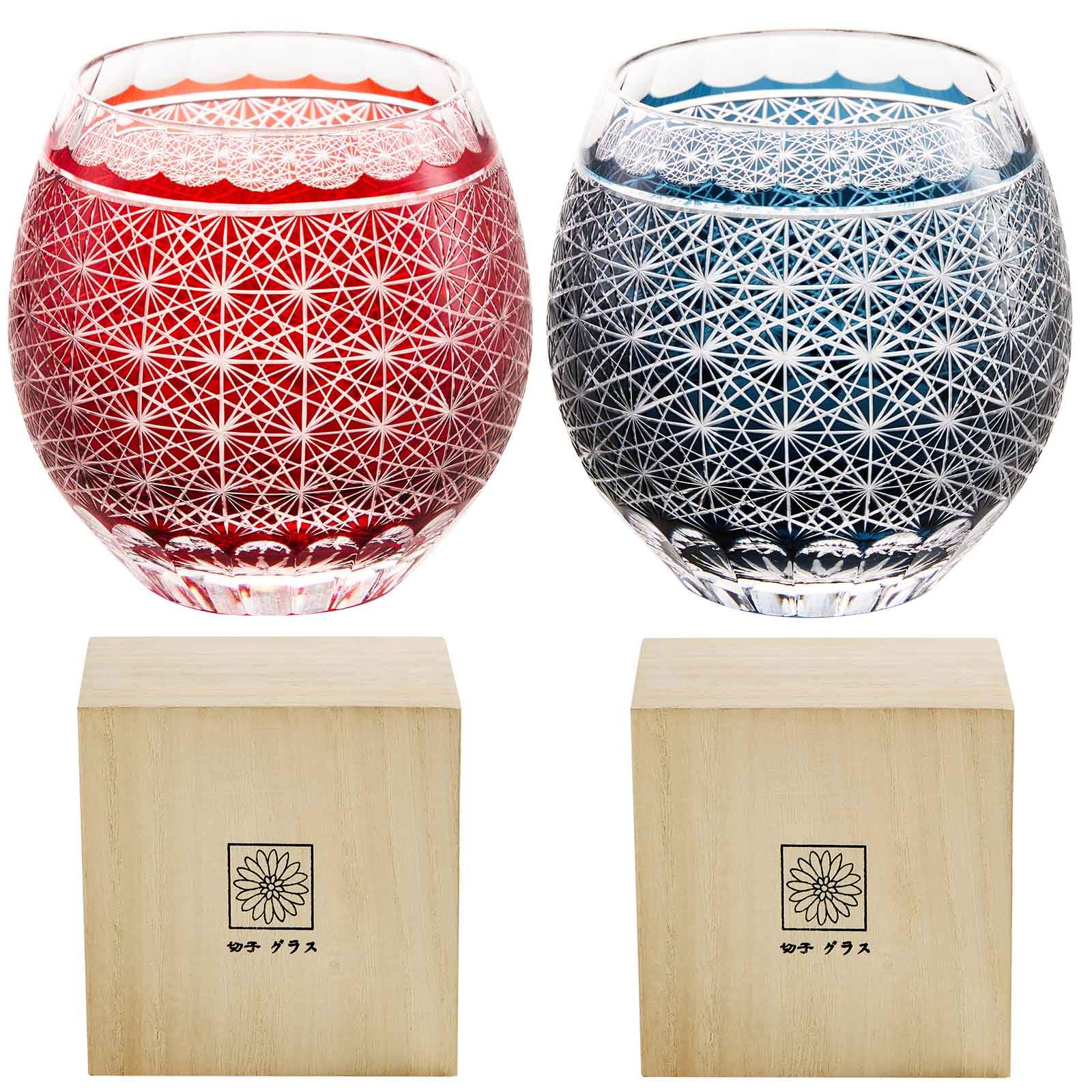 切子 グラス ロックグラス ペア かわいい 菊つなぎ 文様 食洗器対応 桐箱入り 冷酒 焼酎 お酒 お祝い 還暦祝い 結婚祝い 母の日 父の日 プレゼント ギフト人気 350ml(2個セット) (赤+