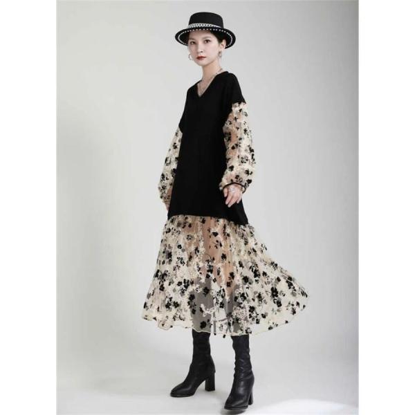 異素材 ワンピース ドッキングワンピース ロングワンピース フェイクレイヤード レディース 花柄 透け感 ワンピース 体型カバー ドッキングワンピース クルーネ