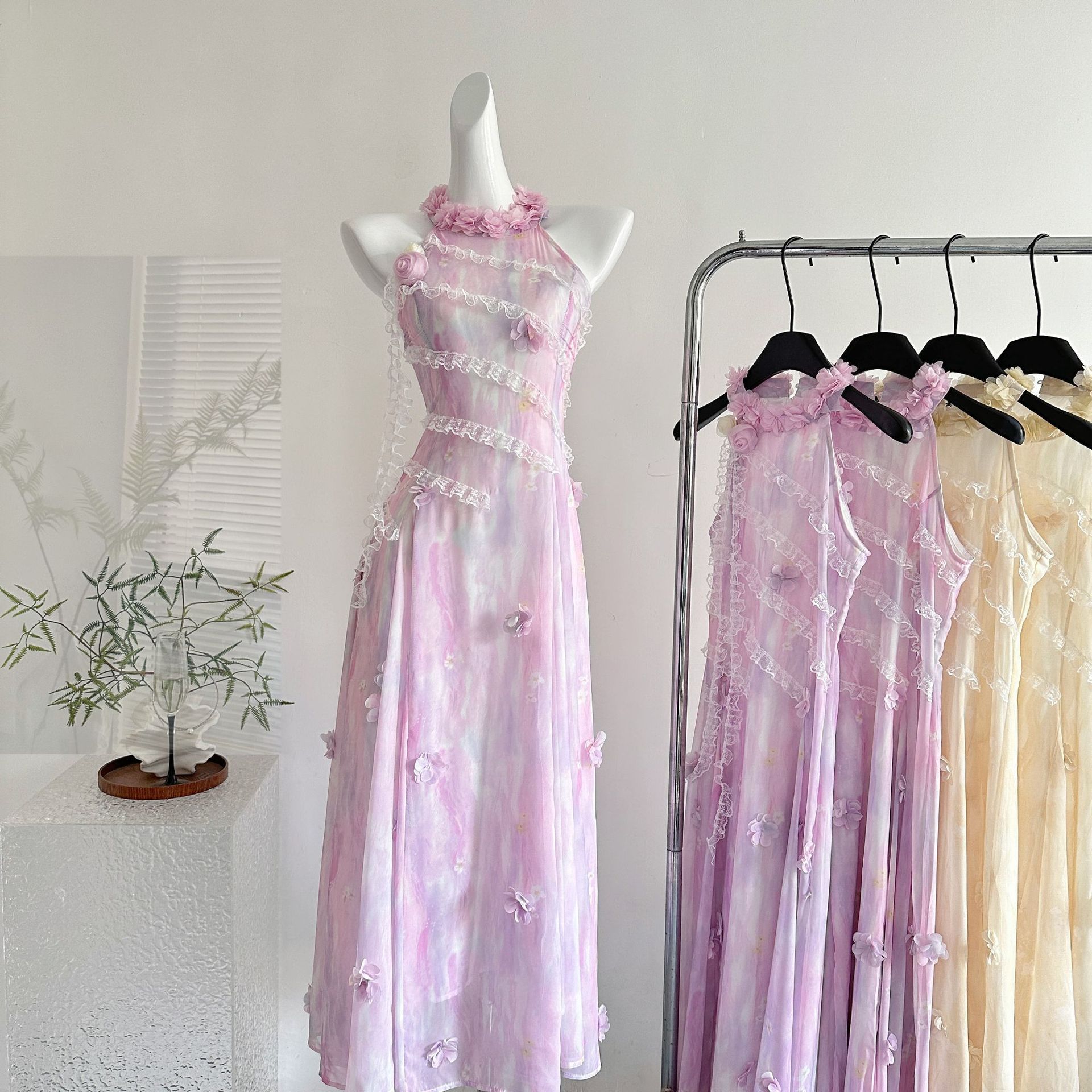 【急速出荷】紫のロングネックキャミソールワンピースフレンチレトロスリムスリムで痩せた雰囲気のスカート