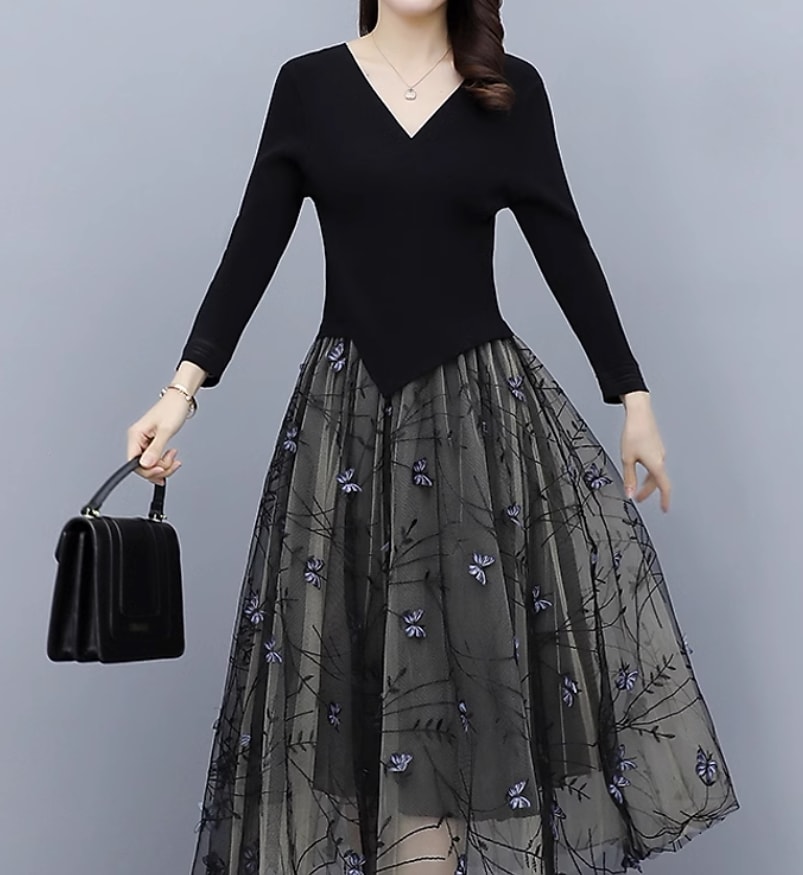 ワンピース デート モテアイテム ドレス ロング丈 刺繍 シフォン 大人可愛い きれいめ 上品 おしゃれ かっこいい 大人可愛い ラブリー キュート ガーリー クール モード系 セクシー エレガント