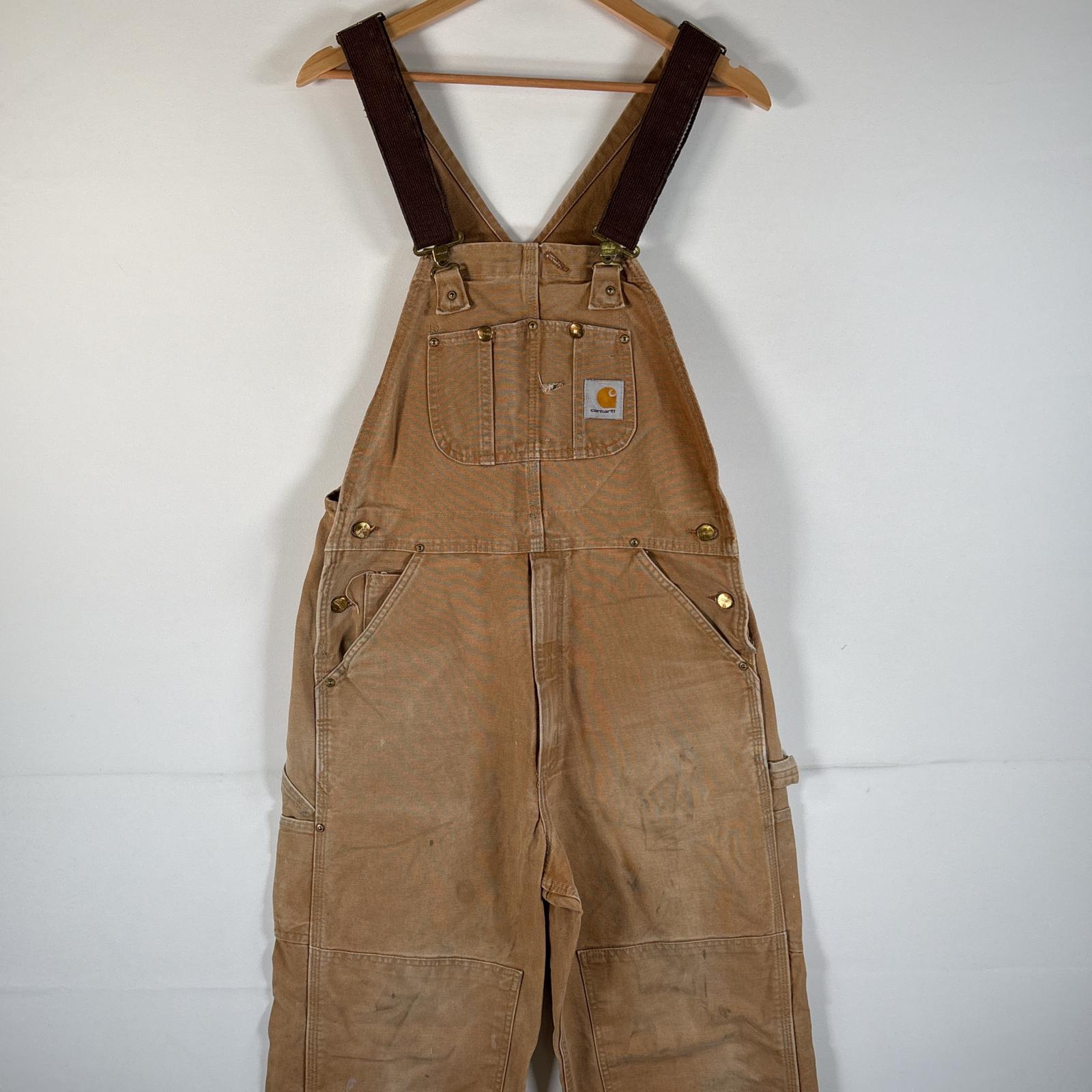 古着 USA製 オーバーオール ダック ワンポイントロゴ ワーク ダブルニー ハンマーループ w34 L32 キャメル メンズ