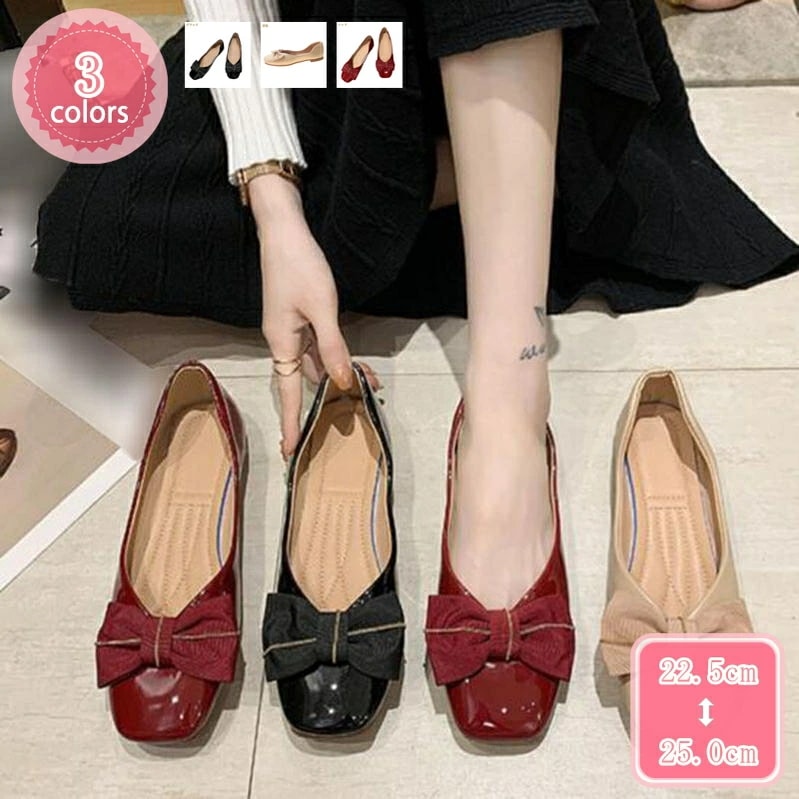 1000円OFFクーポン パンプス バレエシューズ フラットシューズ レディース スクエアトゥ ローヒール パンプス 防滑 歩きやすい リボン付き フラットシューズ 低ヒール 痛くない 走れるパンプス