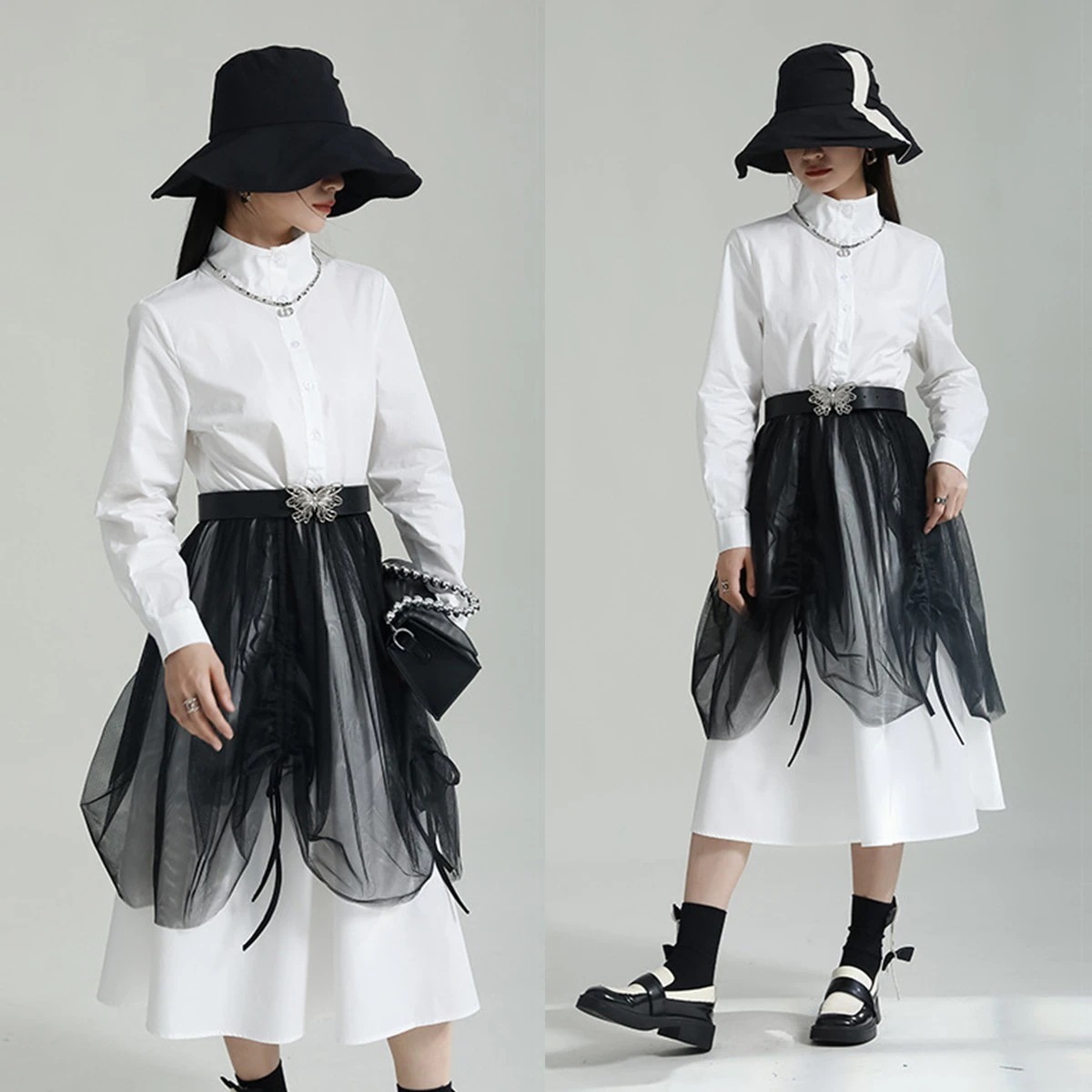 【J.Fashion】 春 ドッキングシャツワンピース メッシュスカート ペプラム ドッキング 蝶結びベルト付き レディースワンピース 日焼け止め ドレス ロングワンピース メガ割30%までに制限