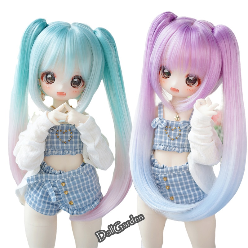 1/3 ドールウィッグ bjd ツインテール ロング グラデーション緑 紫 二次元可愛い SDサイズ球体関節人形用ウィッグ