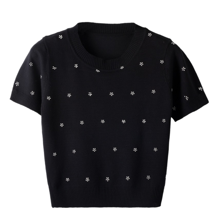 トップス デート モテアイテム ニットソー 半袖 クルーネック 花柄 コットン ショート丈 可愛い きれいめ 上品 おしゃれ かっこいい 可愛い ラブリー キュート ガーリー クール モード系